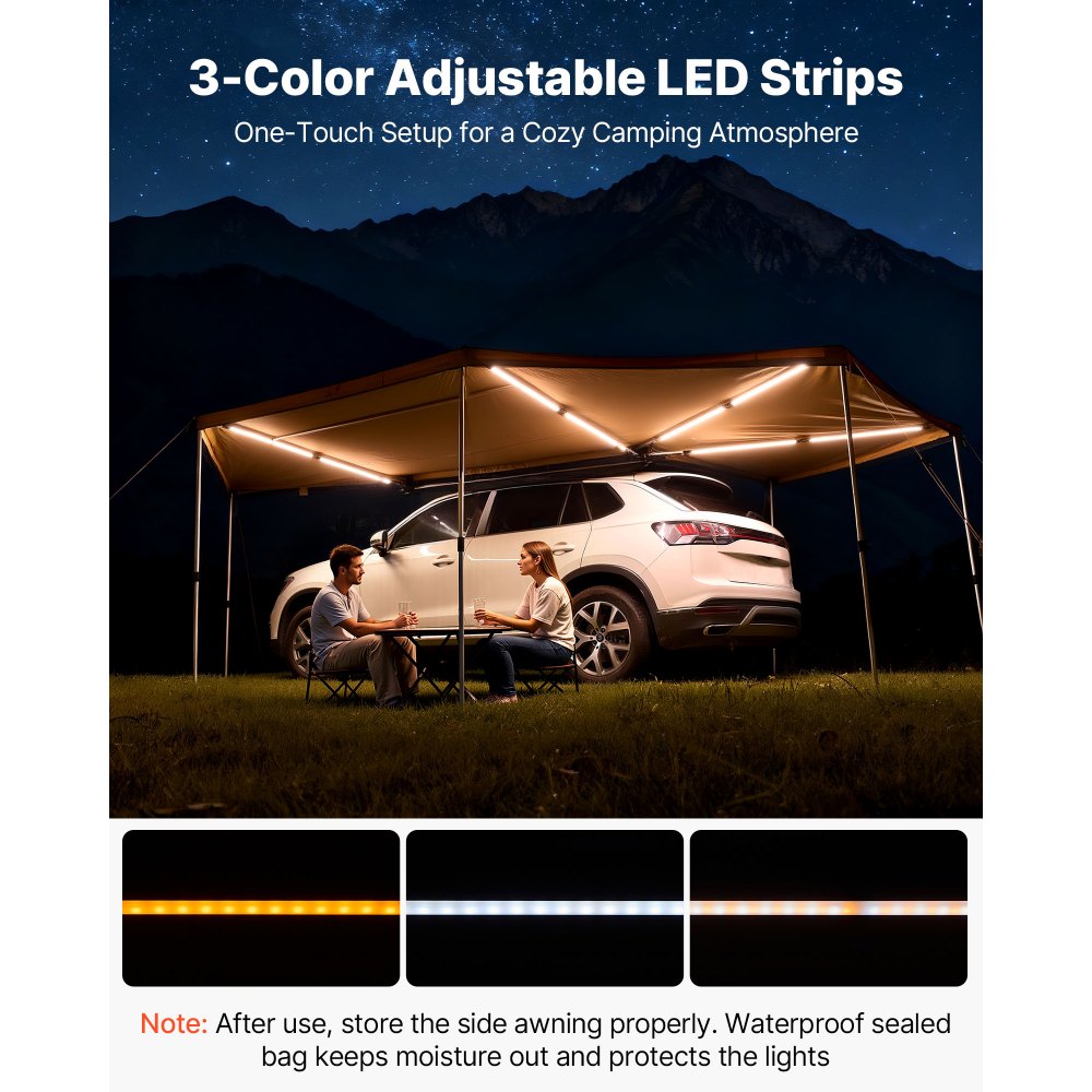 VEVOR Toldo de 270 Grados con Luces LED Integradas, para Vehículo de 10,9 m², Impermeable con Protección UV50+, para Todo Tipo de Clima, Ideal para Acampar en Camionetas SUV, 5,70 x 3,87 x 2,10 m