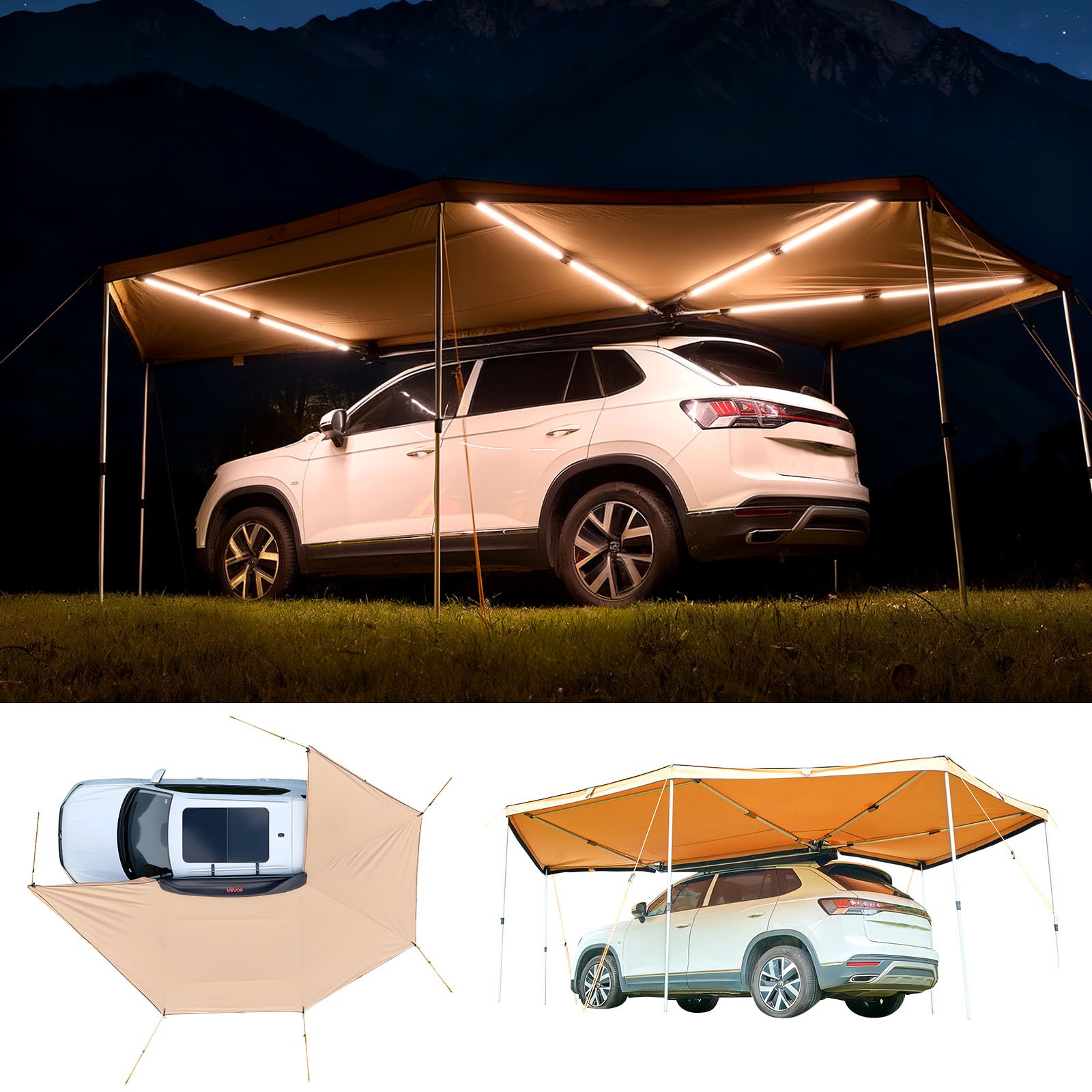 VEVOR Toldo de 270 Grados, con Luces LED Integradas, para Vehículo de 12,4 m², Impermeable con Protección UV50+, para Todo Tipo de Clima, para Acampar en Camionetas SUV, 6,09 x 4,14 x 2,10 m