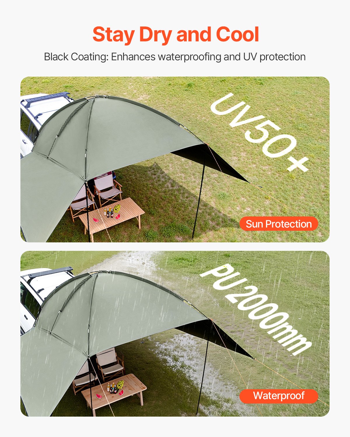 VEVOR Toldo para Coche 3x2,1 m Toldo Lateral para Coche PU2000mm UV50+ Resistente al Sol/Agua/Viento con Bolsa de Almacenamiento Toldo Lateral/Trasero para Camiones, SUV, Furgonetas, Autocaravanas