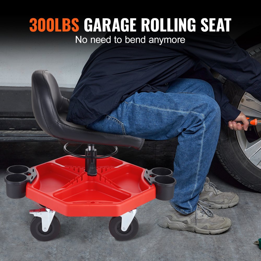 VEVOR Taburete de Taller Móvil Altura Ajustable de 41-53 cm Taburete de Mecánico con Ruedas Carga de 136 kg Asiento con Bandeja de Herramientas para Mantenimiento Reparación de Automóviles Garaje