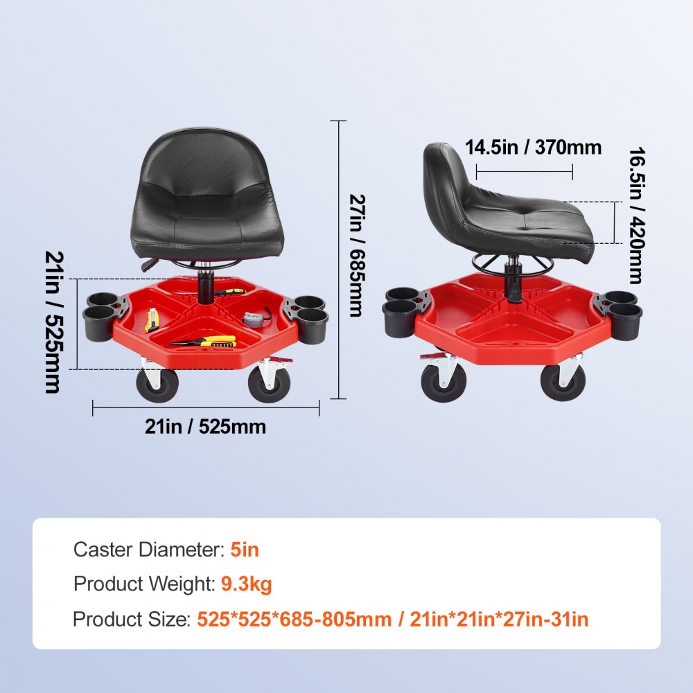 VEVOR Taburete de Taller Móvil Altura Ajustable de 41-53 cm Taburete de Mecánico con Ruedas Carga de 136 kg Asiento con Bandeja de Herramientas para Mantenimiento Reparación de Automóviles Garaje