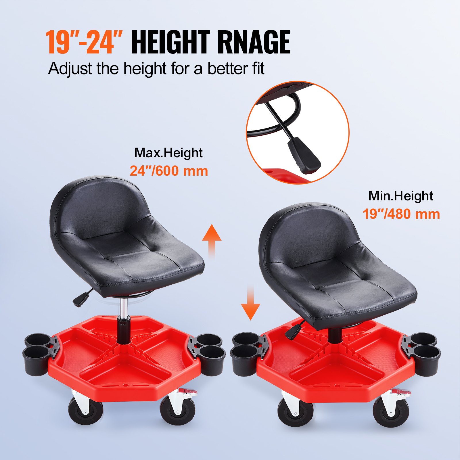 VEVOR Taburete de Taller Móvil Altura Ajustable de 41-53 cm Taburete de Mecánico con Ruedas Carga de 136 kg Asiento con Bandeja de Herramientas para Mantenimiento Reparación de Automóviles Garaje