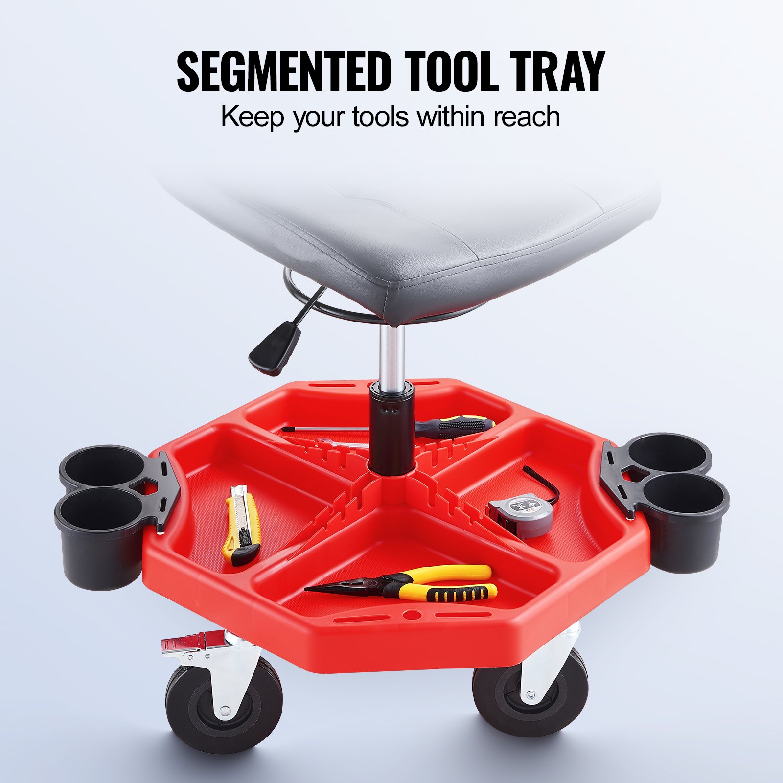 VEVOR Taburete de Taller Móvil Altura Ajustable de 41-53 cm Taburete de Mecánico con Ruedas Carga de 136 kg Asiento con Bandeja de Herramientas para Mantenimiento Reparación de Automóviles Garaje