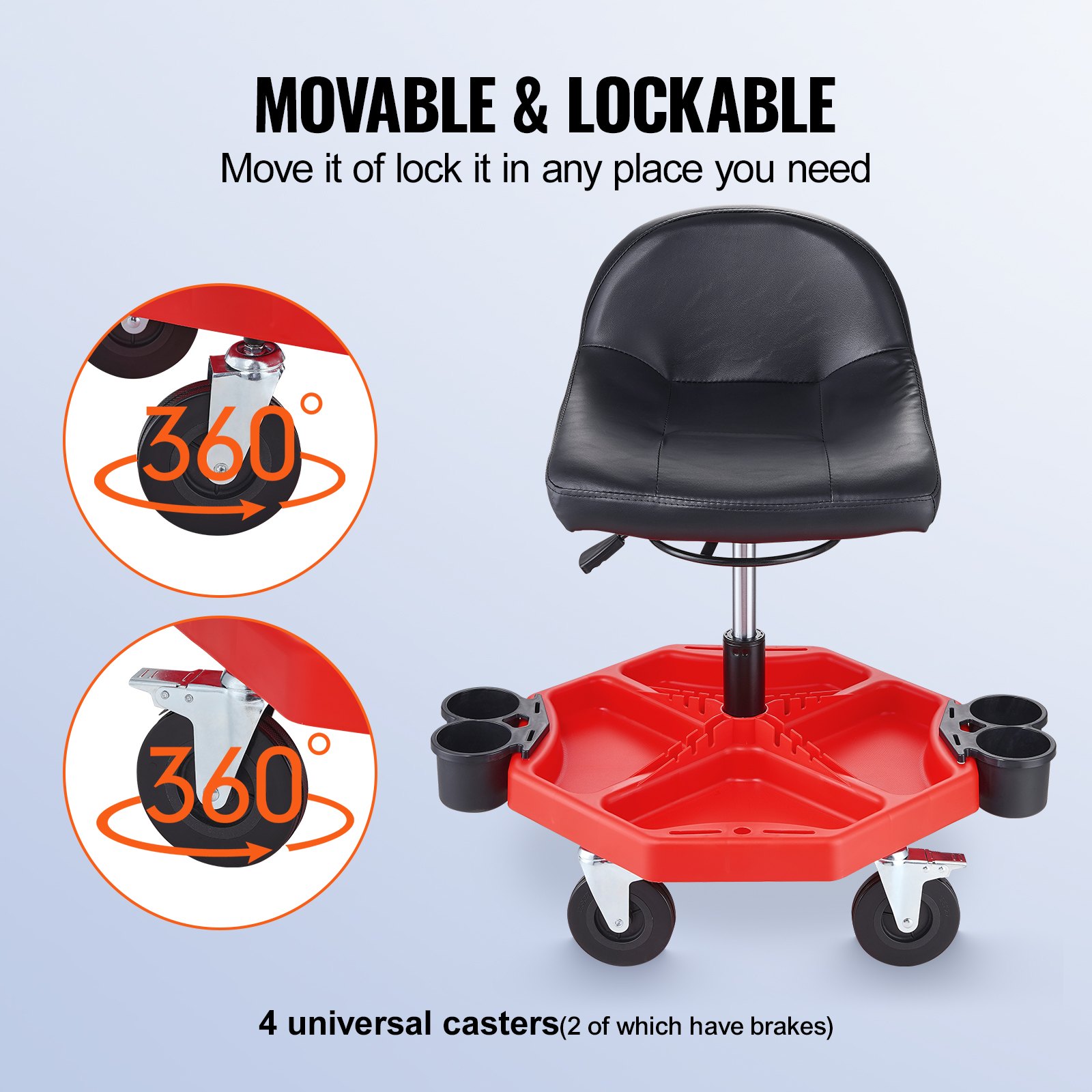 VEVOR Taburete de Taller Móvil Altura Ajustable de 41-53 cm Taburete de Mecánico con Ruedas Carga de 136 kg Asiento con Bandeja de Herramientas para Mantenimiento Reparación de Automóviles Garaje
