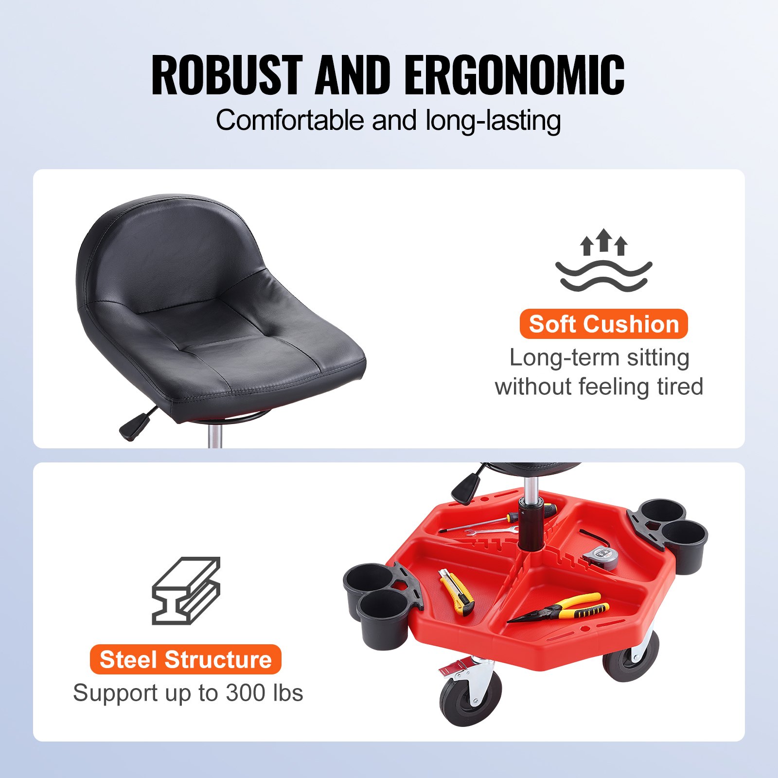 VEVOR Taburete de Taller Móvil Altura Ajustable de 41-53 cm Taburete de Mecánico con Ruedas Carga de 136 kg Asiento con Bandeja de Herramientas para Mantenimiento Reparación de Automóviles Garaje