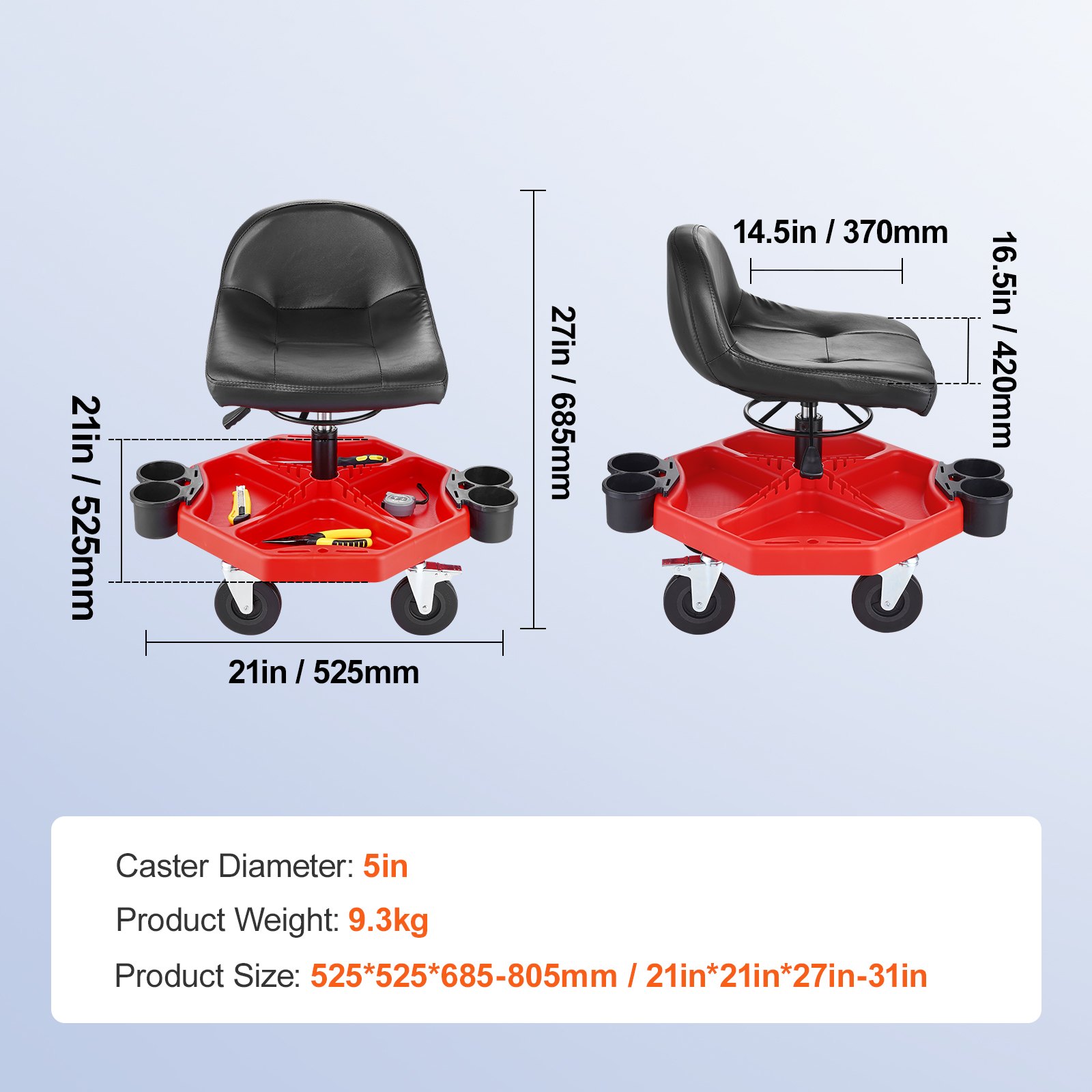 VEVOR Taburete de Taller Móvil Altura Ajustable de 41-53 cm Taburete de Mecánico con Ruedas Carga de 136 kg Asiento con Bandeja de Herramientas para Mantenimiento Reparación de Automóviles Garaje