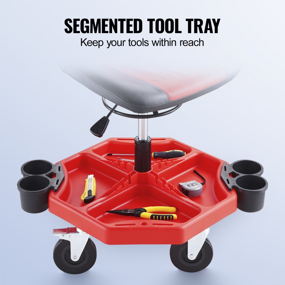 VEVOR Taburete de Taller Móvil Carga de 136 kg Taburete de Mecánico con Ruedas Altura Regulable 41-53 cm Asiento con Bandeja de Herramientas para Mantenimiento Reparación de Automóviles Garaje