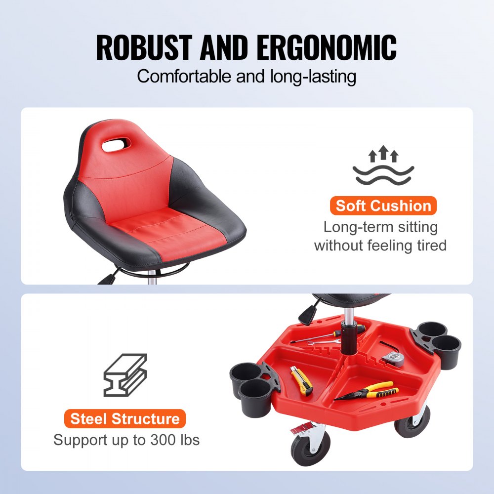 VEVOR Taburete de Taller Móvil Carga de 136 kg Taburete de Mecánico con Ruedas Altura Regulable 41-53 cm Asiento con Bandeja de Herramientas para Mantenimiento Reparación de Automóviles Garaje