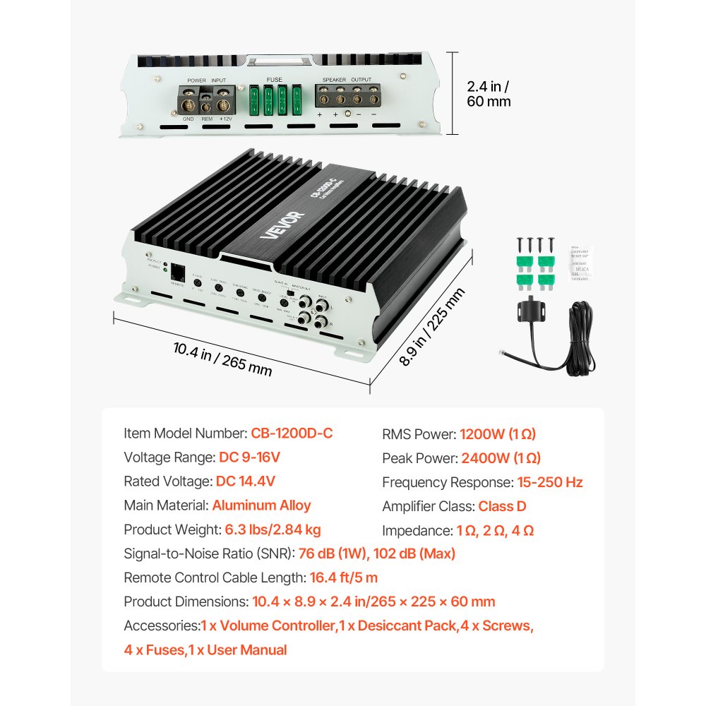 VEVOR Amplificador Monobloque a Coche 1200 W, RMS MÁX. 1/2/4 Ohmios, Clase D, con Control Remoto de Nivel Subwoofer, Filtro de Paso Bajo, Refuerzo de Graves, Cambio de Fase y Control de Volumen