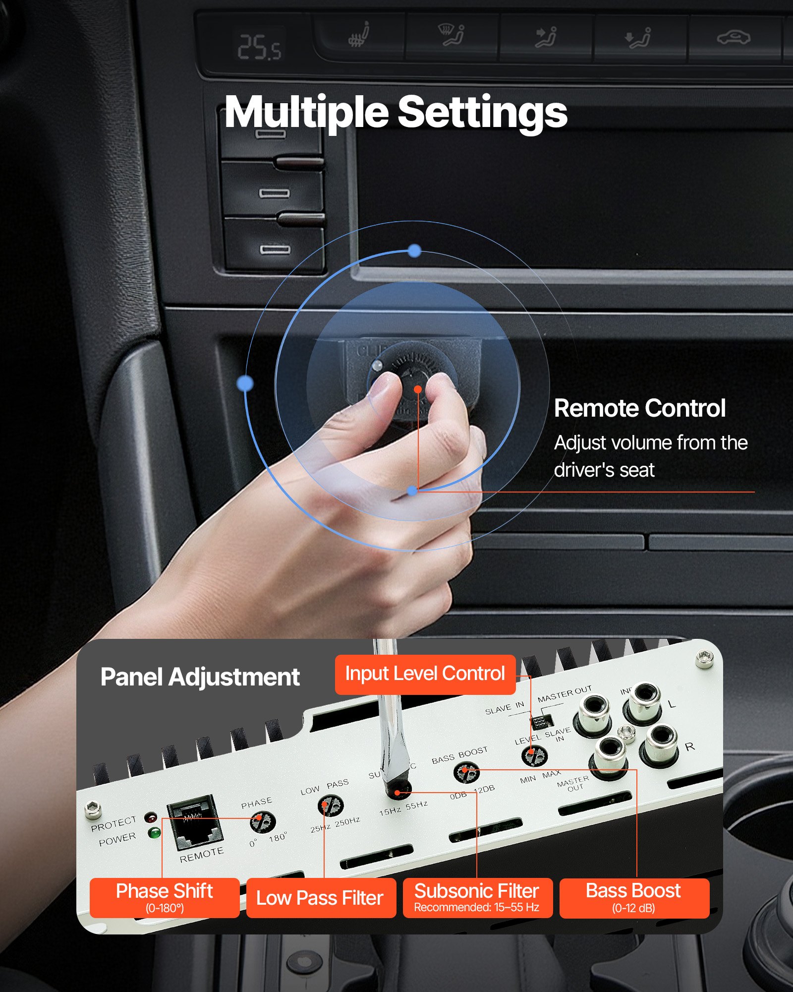 VEVOR Amplificador Monobloque a Coche 1200 W, RMS MÁX. 1/2/4 Ohmios, Clase D, con Control Remoto de Nivel Subwoofer, Filtro de Paso Bajo, Refuerzo de Graves, Cambio de Fase y Control de Volumen