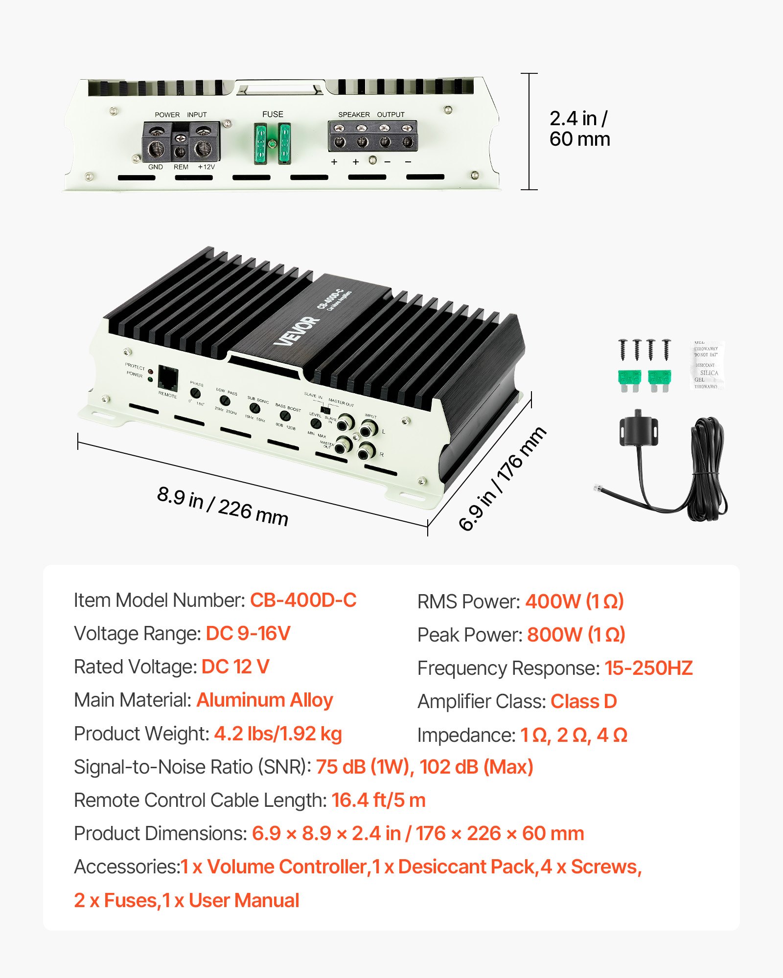 VEVOR Amplificador Monobloque para Coche 400 W, RMS 1/2/4 Ohmios, Clase D, con Control Remoto de Nivel de Subwoofer, Filtro de Paso Bajo, Refuerzo de Graves, Cambio de Fase y Control de Volumen