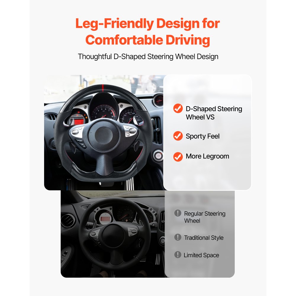 VEVOR Volante para Nissan 370Z 2008–2020, en Forma de D, Fibra de Carbono, Achatado en la Parte Inferior, Empuñadura de Cuero Antideslizante con Costuras de Precisión, Negro, 370 x 365 x 140 mm