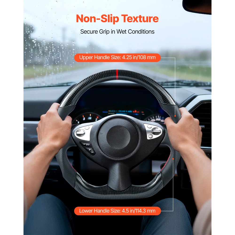 VEVOR Volante para Nissan 370Z 2008–2020, en Forma de D, Fibra de Carbono, Achatado en la Parte Inferior, Empuñadura de Cuero Antideslizante con Costuras de Precisión, Negro, 370 x 365 x 140 mm