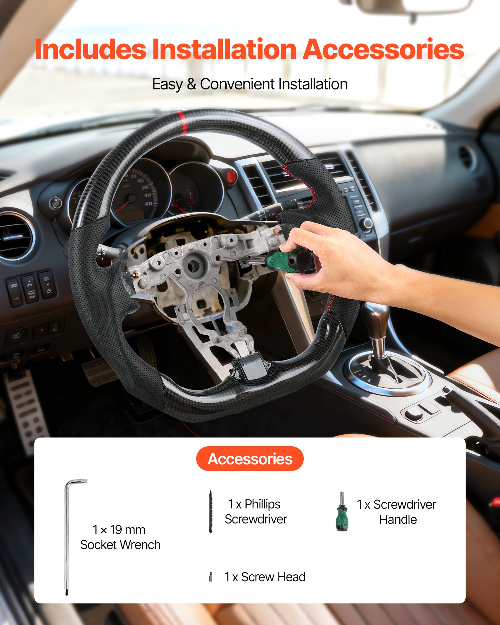 VEVOR Volante para Nissan 370Z 2008–2020, en Forma de D, Fibra de Carbono, Achatado en la Parte Inferior, Empuñadura de Cuero Antideslizante con Costuras de Precisión, Negro, 370 x 365 x 140 mm