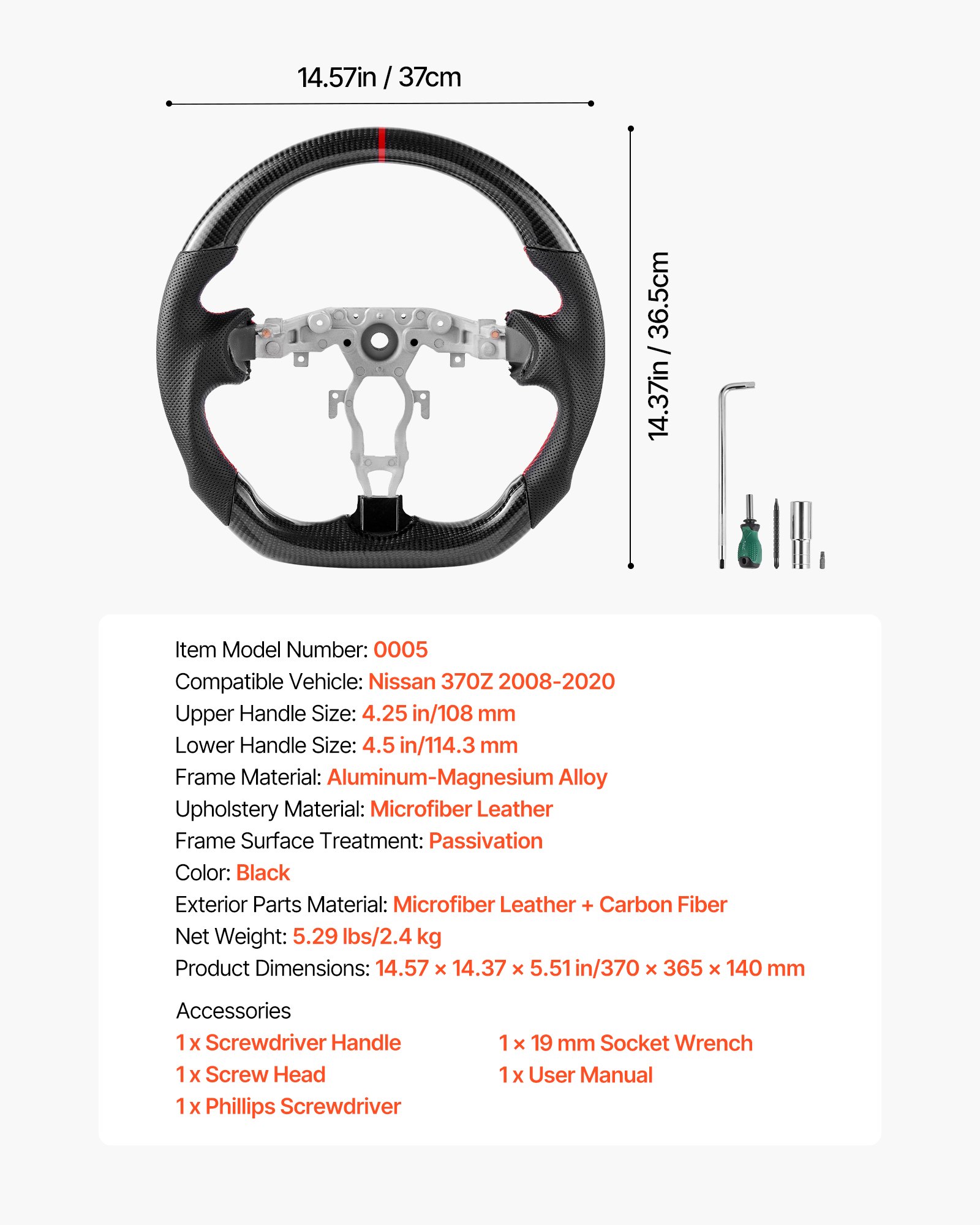 VEVOR Volante para Nissan 370Z 2008–2020, en Forma de D, Fibra de Carbono, Achatado en la Parte Inferior, Empuñadura de Cuero Antideslizante con Costuras de Precisión, Negro, 370 x 365 x 140 mm