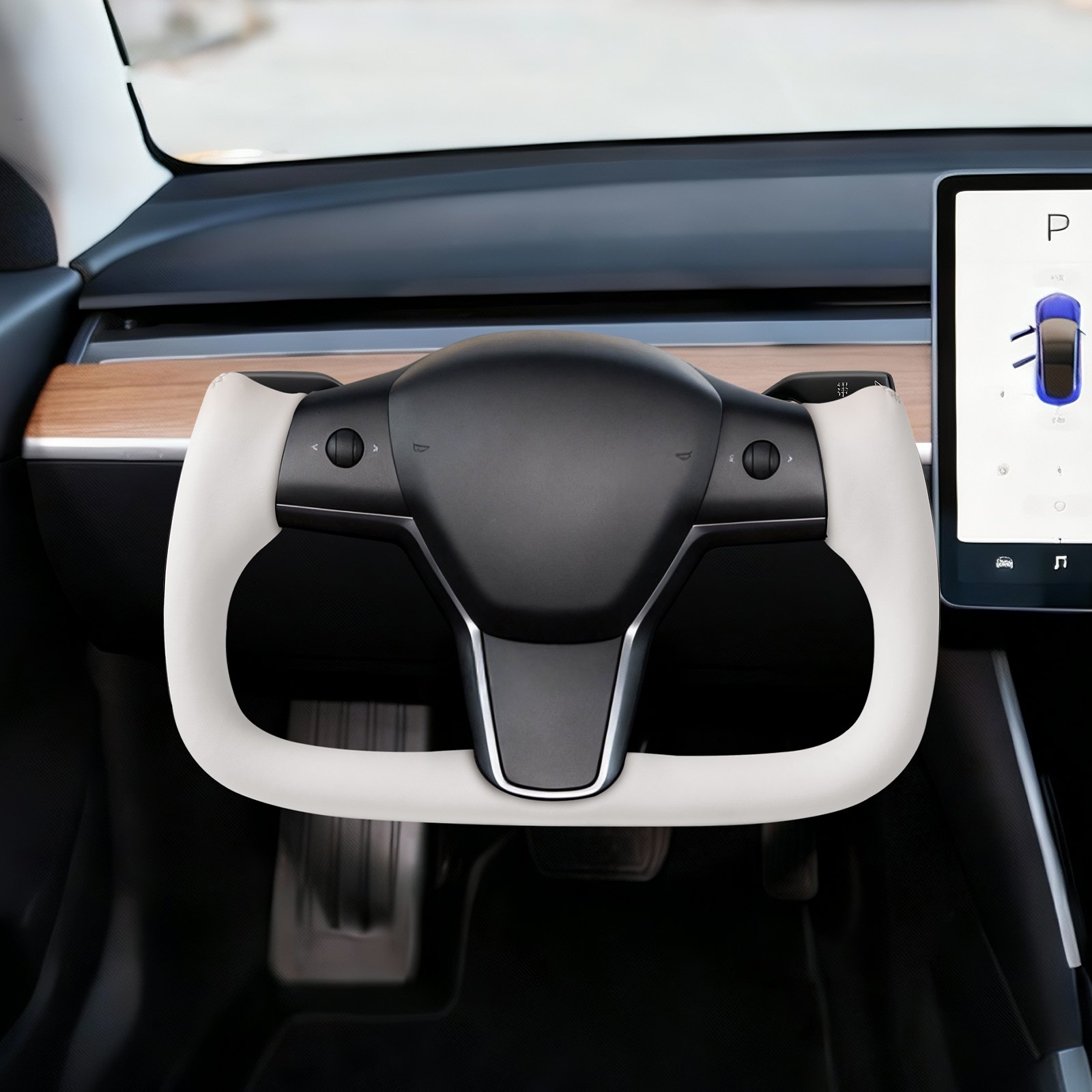 VEVOR Volante para Tesla Model 3 de 2016–2023, Volante en Forma de D de Fibra de Carbono, Achatado en la Parte Inferior, con Función de Calefacción, Empuñadura de Cuero Antideslizante, Blanco