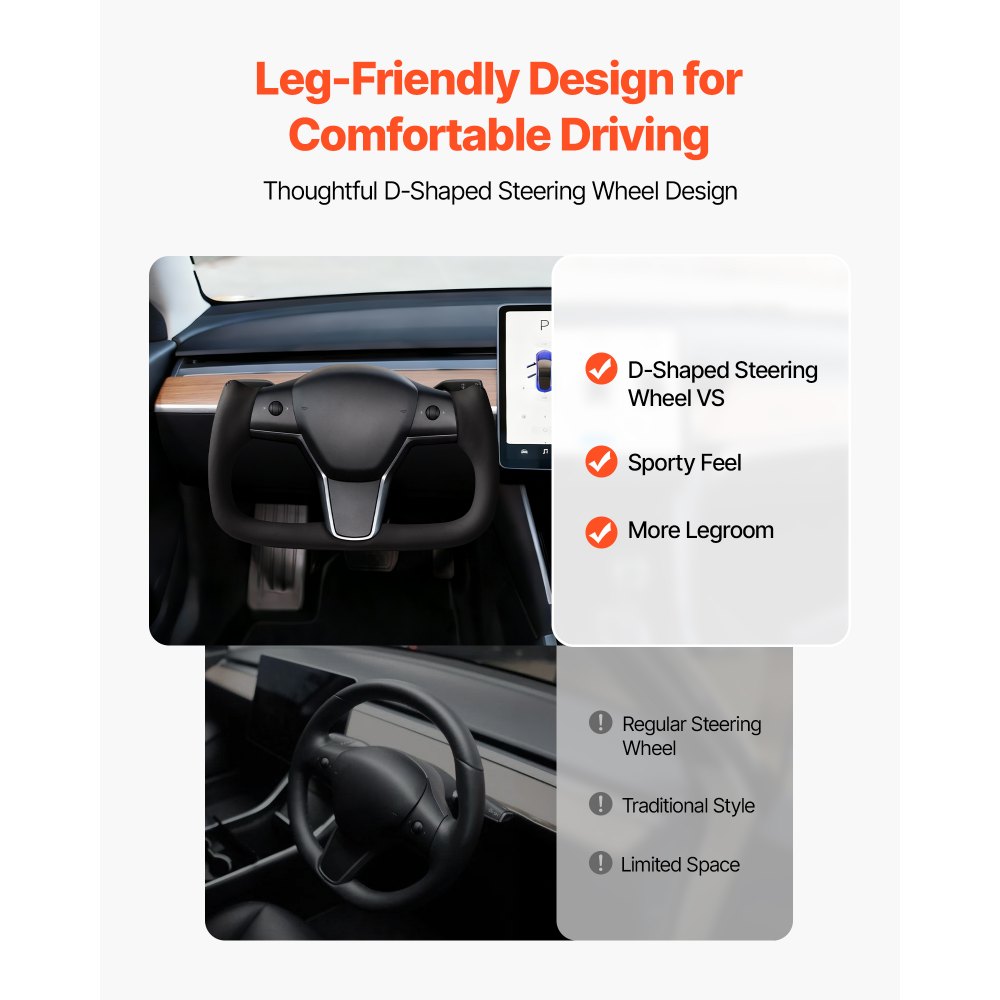 VEVOR Volante para Tesla Model 3 de 2016–2023, Volante en Forma de D de Fibra de Carbono, Achatado en la Parte Inferior, con Función de Calefacción, Empuñadura de Cuero Antideslizante, Negro