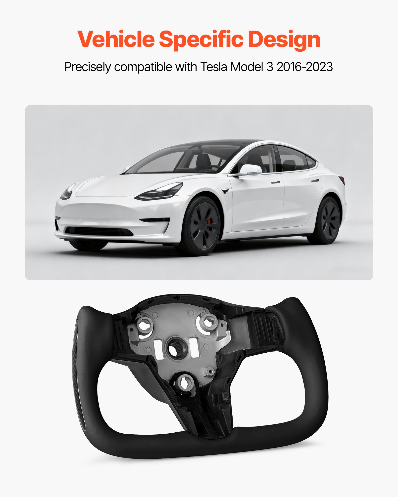 VEVOR Volante para Tesla Model 3 de 2016–2023, Volante en Forma de D de Fibra de Carbono, Achatado en la Parte Inferior, con Función de Calefacción, Empuñadura de Cuero Antideslizante, Negro