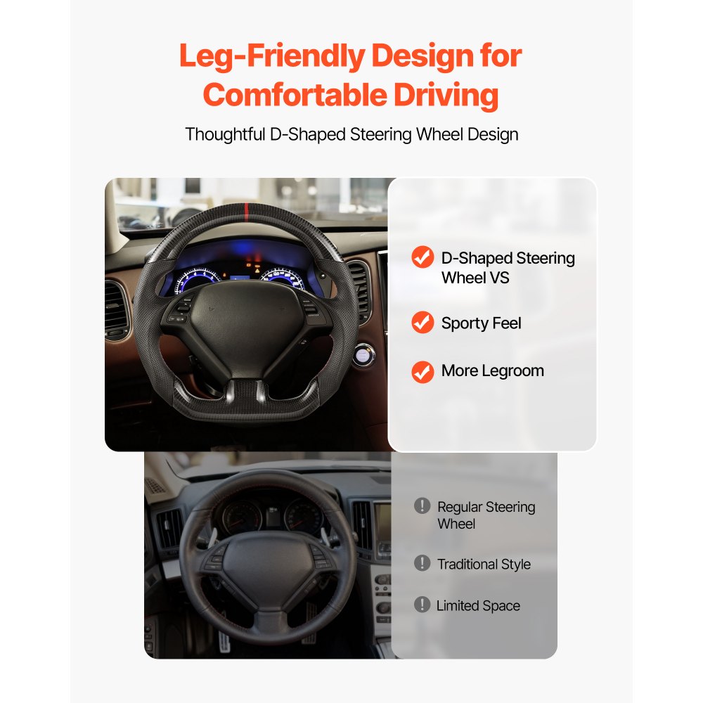 VEVOR Steering Wheel for 2007-2013 Infiniti G37, Carbon Fiber Steering Wheel D-Shaped Flat-Bottom, Leather Grip with Non-Slip Texture & Precise Stitching, Accessories Replacement for Infiniti, Black