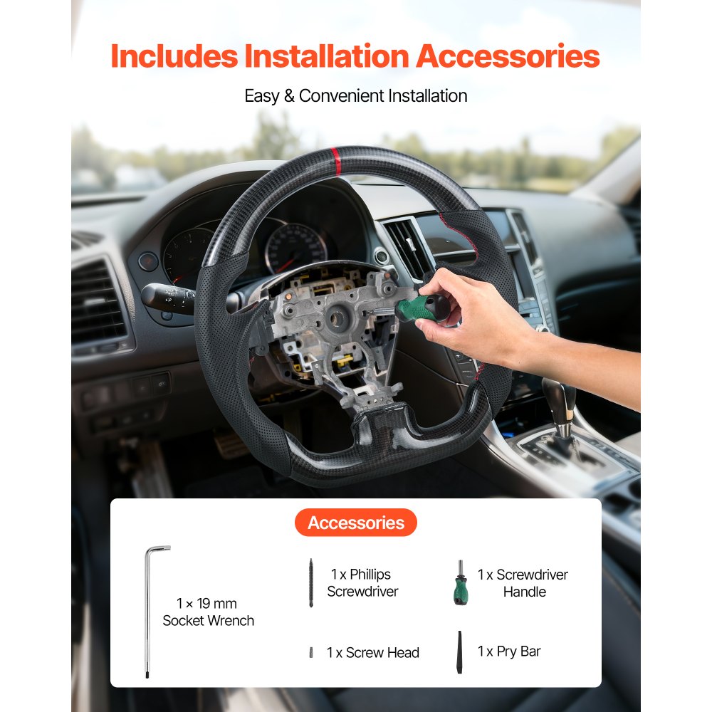 VEVOR Steering Wheel for 2007-2013 Infiniti G37, Carbon Fiber Steering Wheel D-Shaped Flat-Bottom, Leather Grip with Non-Slip Texture & Precise Stitching, Accessories Replacement for Infiniti, Black