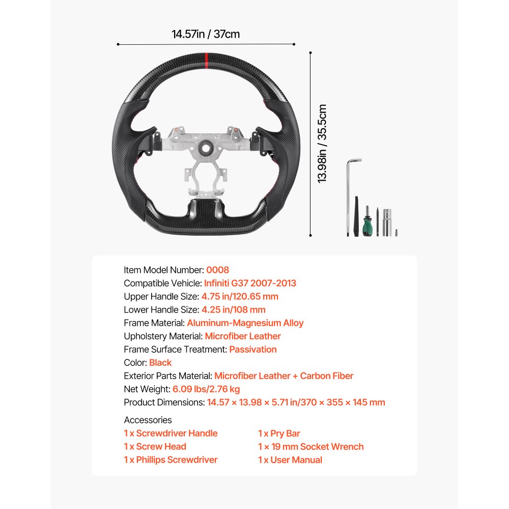 VEVOR Steering Wheel for 2007-2013 Infiniti G37, Carbon Fiber Steering Wheel D-Shaped Flat-Bottom, Leather Grip with Non-Slip Texture & Precise Stitching, Accessories Replacement for Infiniti, Black