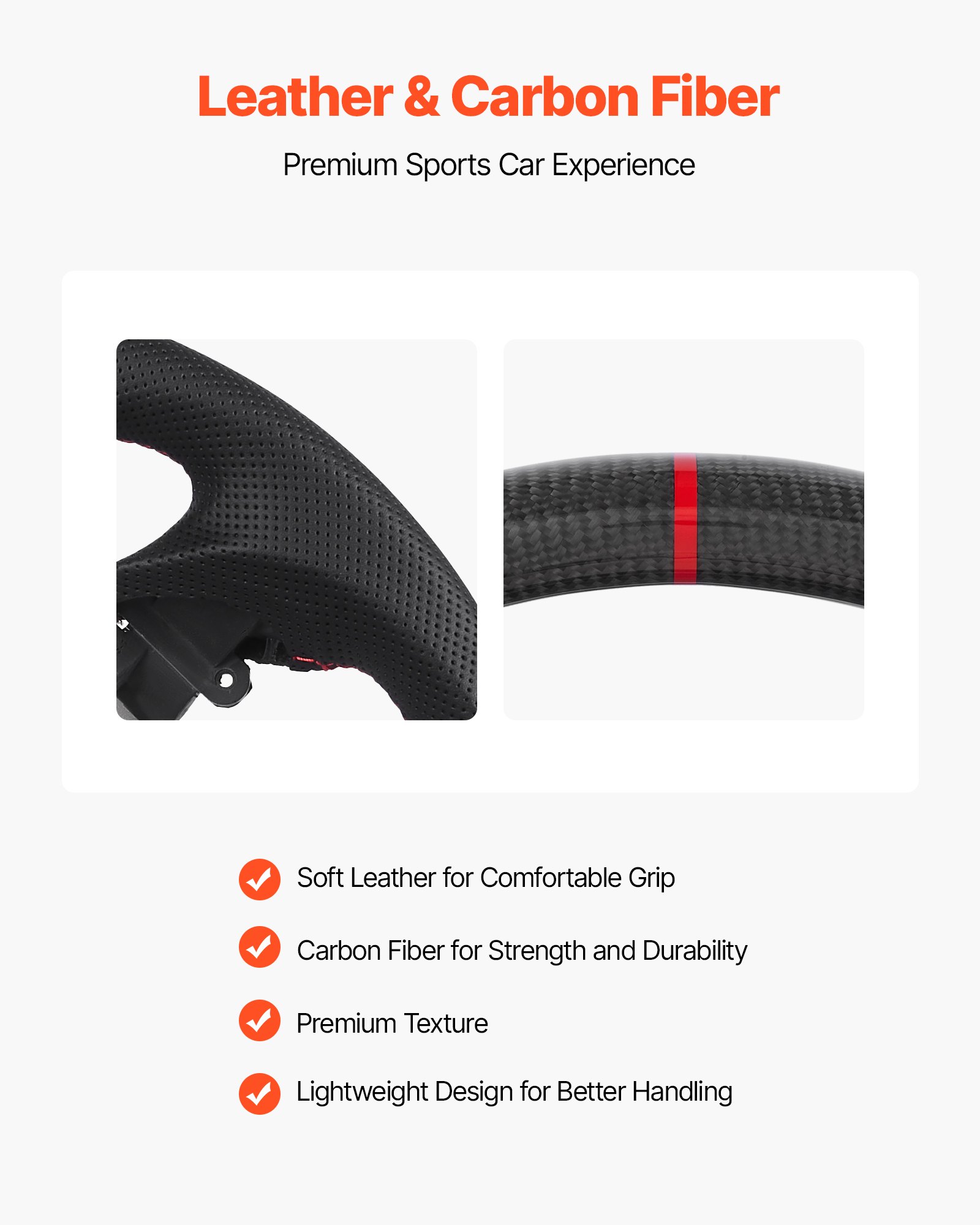 VEVOR Steering Wheel for 2007-2013 Infiniti G37, Carbon Fiber Steering Wheel D-Shaped Flat-Bottom, Leather Grip with Non-Slip Texture & Precise Stitching, Accessories Replacement for Infiniti, Black