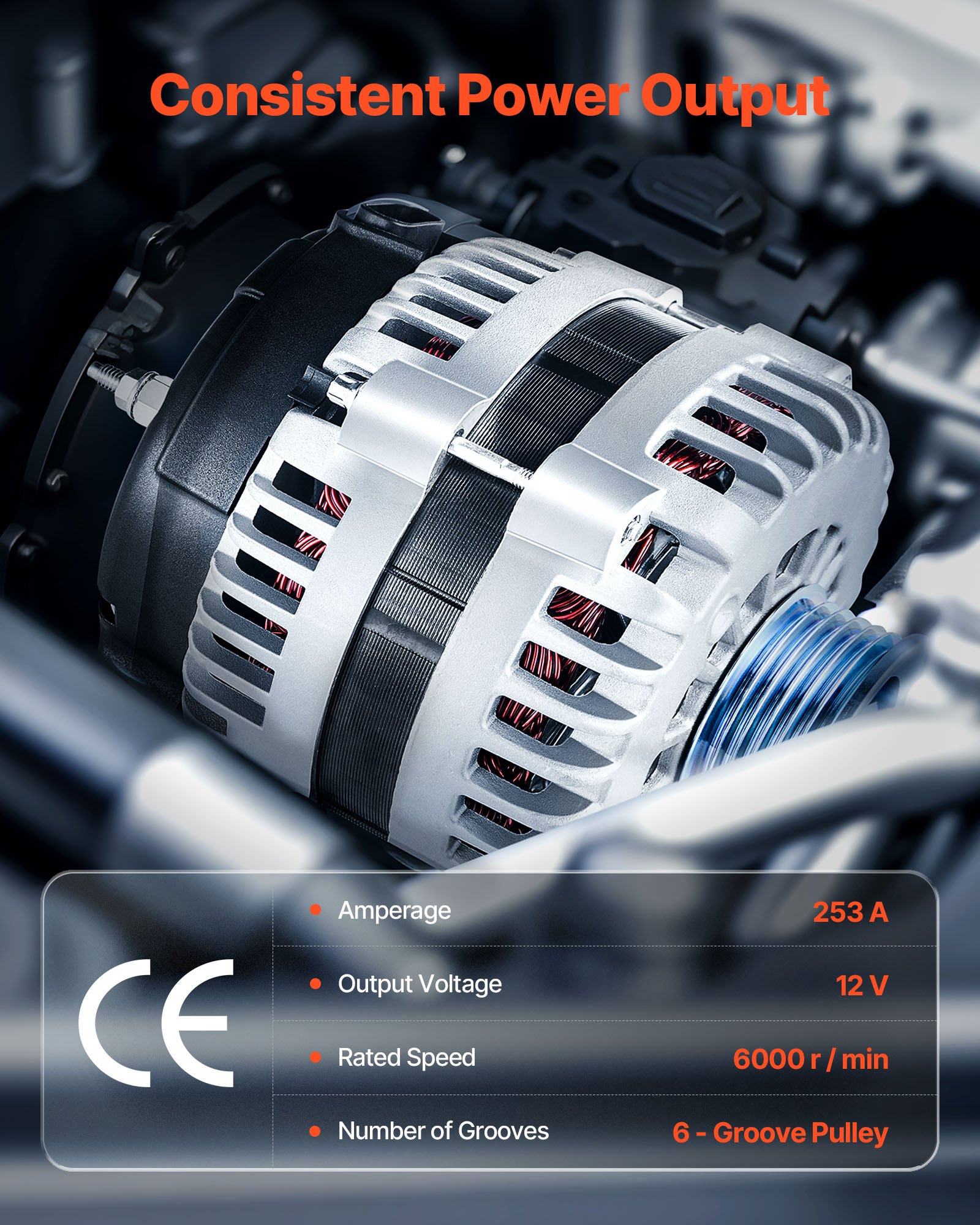 VEVOR Car Alternator 10464443, Fit for Chevrolet Silverado 1500 HD V8 6.0L 2001-2005, Saab 9-7x 2005-2006, Isuzu Ascender 2003-2006, GMC Yukon 2000-2002, Automotive Replacement Alternator 10464453