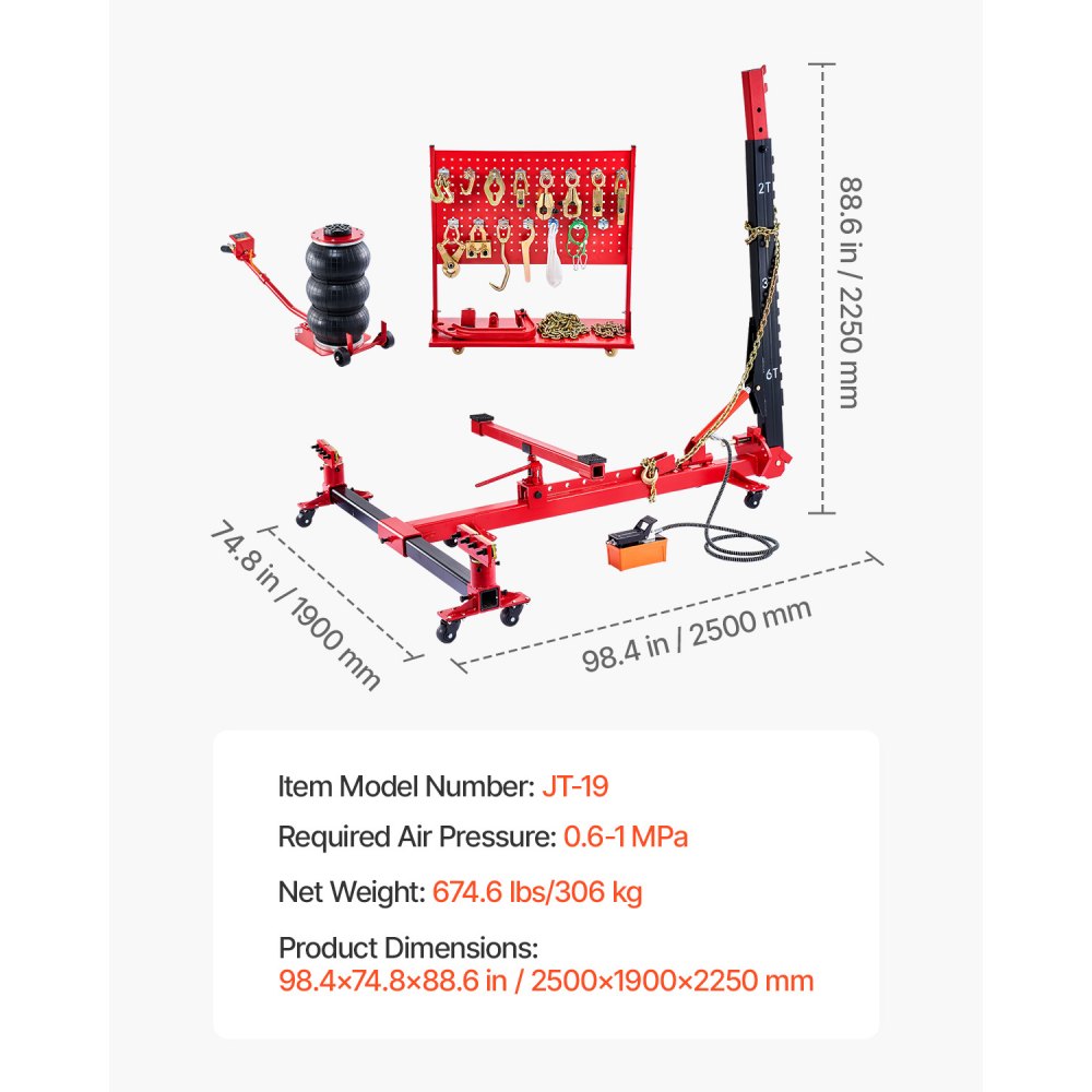 VEVOR Extractor y Enderezador de Carrocería 6 T con Bomba de Pie Hidráulica 45 Mpa, Incluye 16 Herramientas de Enderezamiento, para Automóviles, Sedán, SUV y Camionetas, 2500 x 1900 x 2250 mm