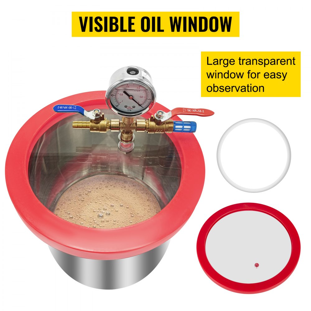 VEVOR Cámara de Vacío, 5,7 L Bomba de Vacío de Acero Inoxidable 25 x 15 cm Cámara de Vacío con Tapa de Vidrio Templado Kit de Cámara de Vacío para Aplicaciones como Desgasificar Silicio