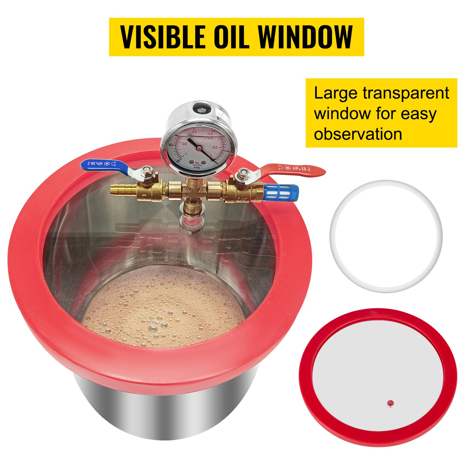 VEVOR Cámara de Vacío, 5,7 L Bomba de Vacío de Acero Inoxidable 25 x 15 cm Cámara de Vacío con Tapa de Vidrio Templado Kit de Cámara de Vacío para Aplicaciones como Desgasificar Silicio