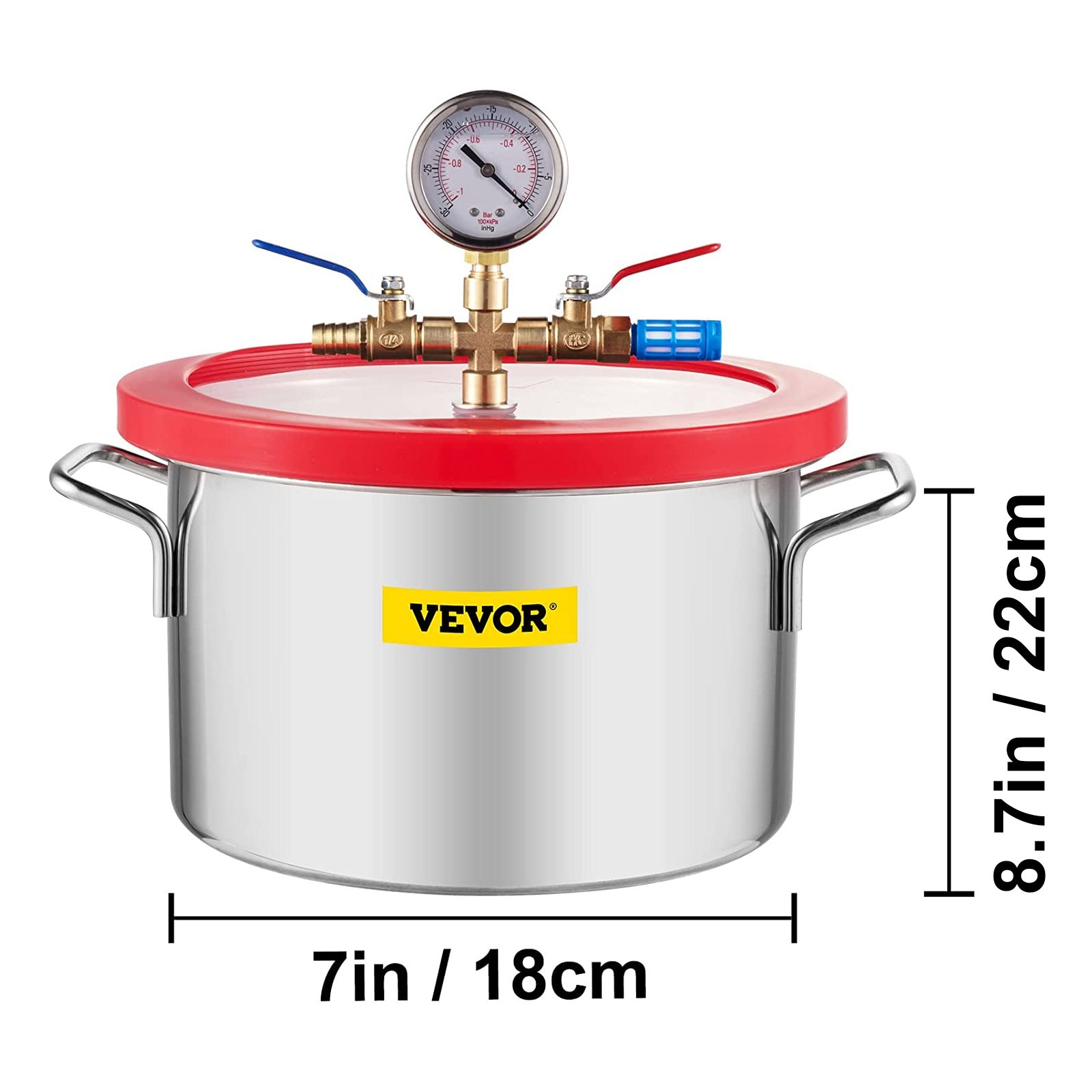 VEVOR Cámara de Vacío, 5,7 L Bomba de Vacío de Acero Inoxidable 25 x 15 cm Cámara de Vacío con Tapa de Vidrio Templado Kit de Cámara de Vacío para Aplicaciones como Desgasificar Silicio