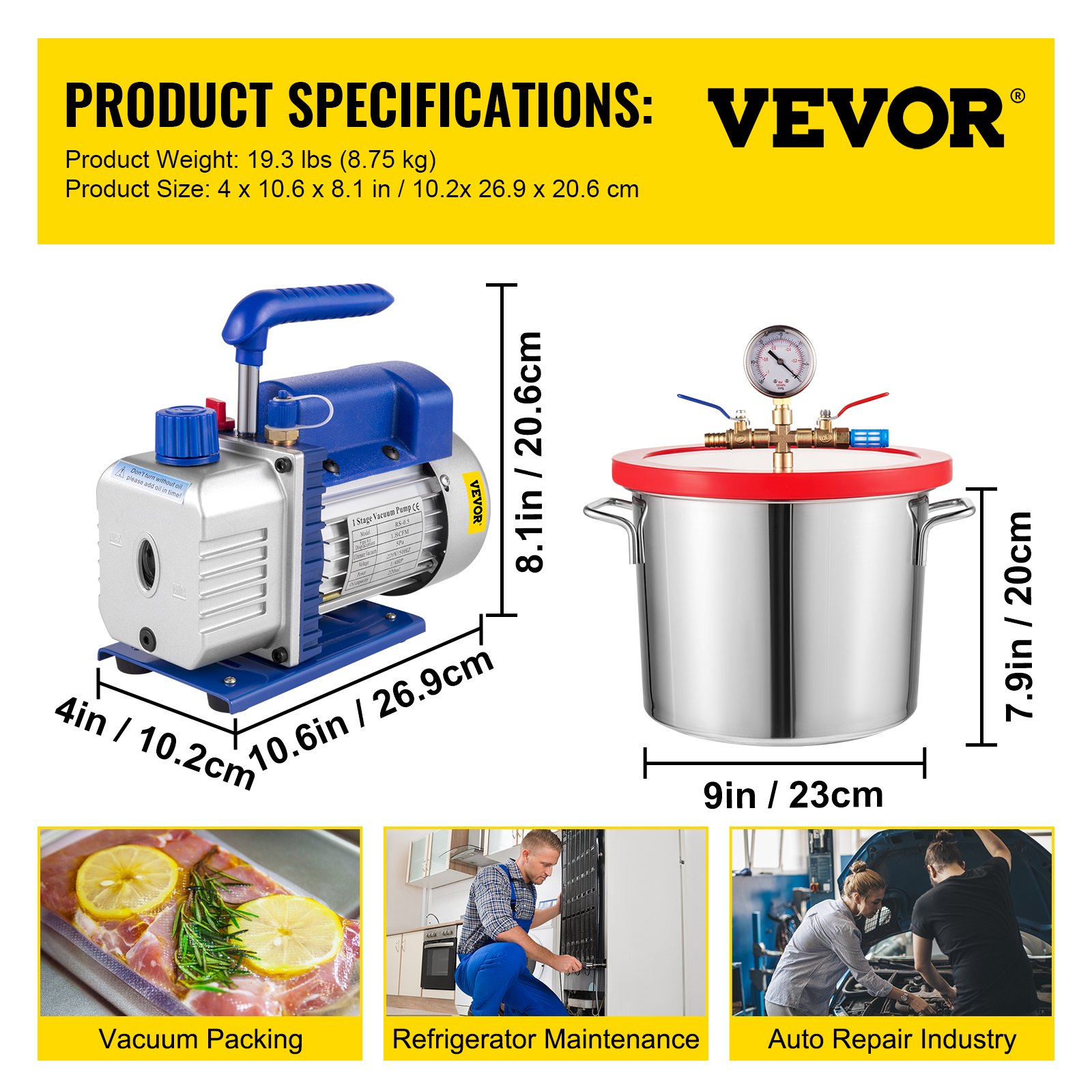 VEVOR Bomba de Vacío 1.8CFM 1/4HP para Aire Acondicionado con Cámara de Vacío 9L