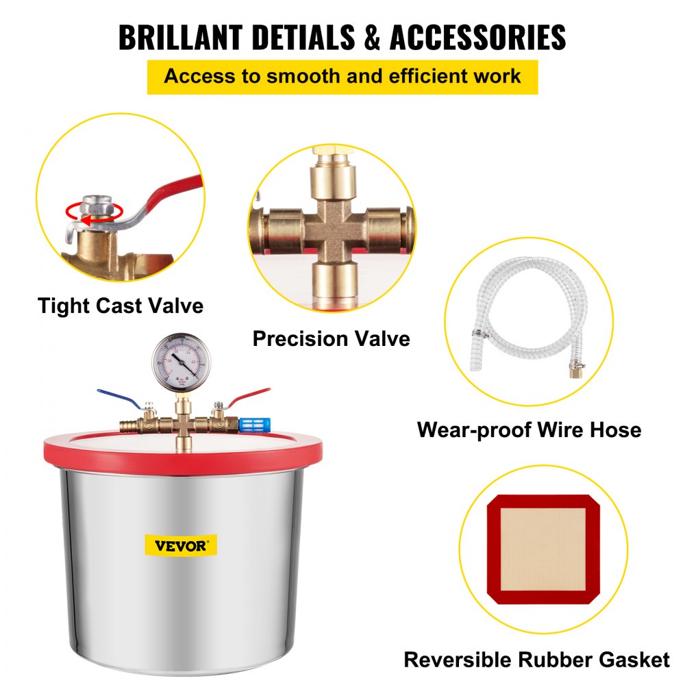 VEVOR Cámara de Vacío de 2 Galones Bomba de Vacío de 2 Galones Acero Inoxidable Cámara de Vacío con Tapa de Acrílico Templado Kit de Cámara de Vacío para Aplicaciones como Desgasificar Silicio