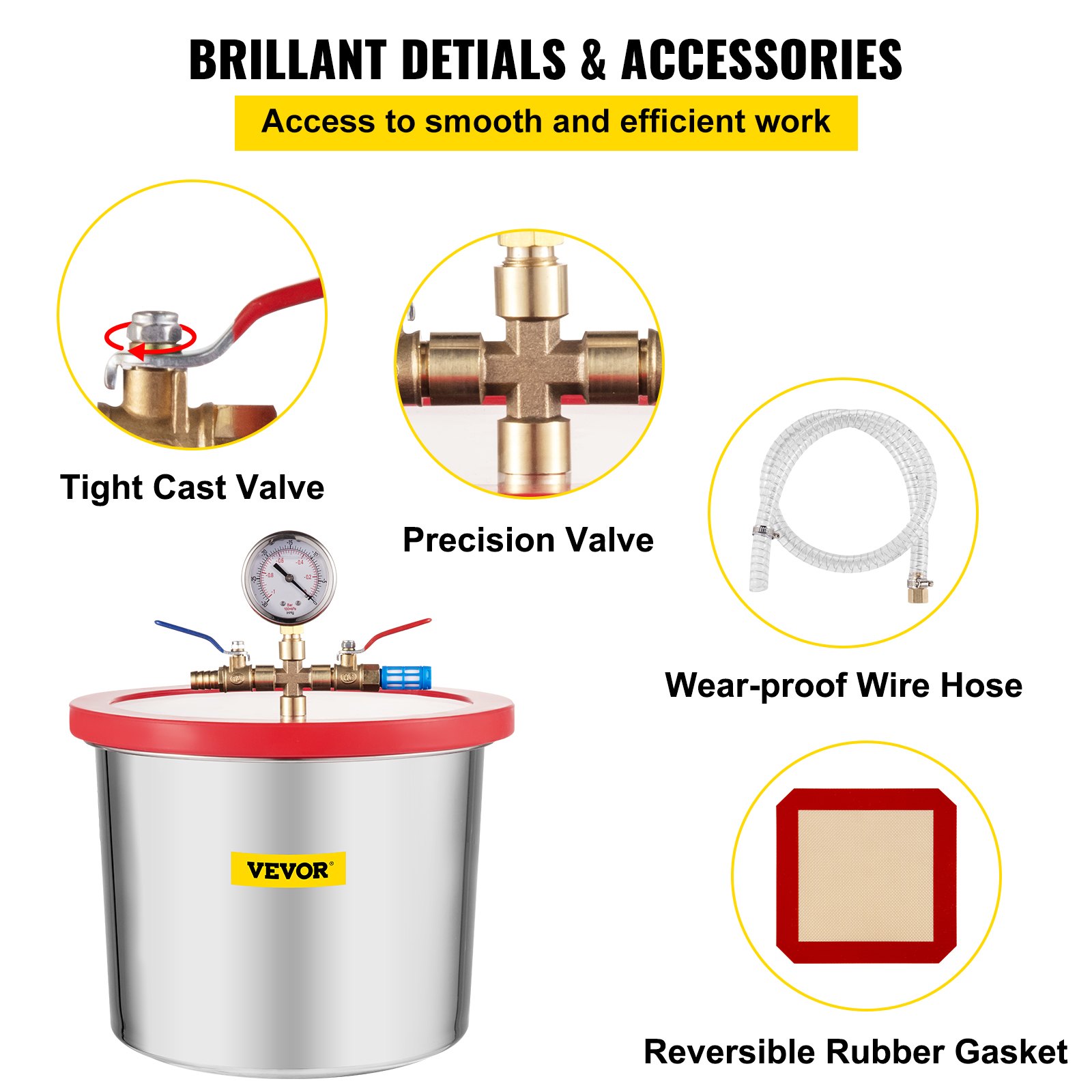 VEVOR Cámara de Vacío de 2 Galones Bomba de Vacío de 2 Galones Acero Inoxidable Cámara de Vacío con Tapa de Acrílico Templado Kit de Cámara de Vacío para Aplicaciones como Desgasificar Silicio