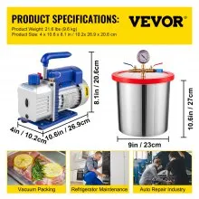 VEVOR Bomba de Vacío 3 Cfm 1/4 Hp Cubo 12 L Carcasa de Aleación de Aluminio Bomba de Vacío de Aire Acondicionado 1720 Rpm 220V con Cámara de Vacío