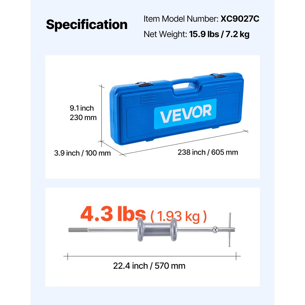 VEVOR 9-Way Slide Hammer Puller Set, 15PCS Front Wheel Hub Bearing Remover & Rear Wheel Axle Hub Dent Shaft Puller Tool Kit, Axle Bearing Puller Tool Kit and Slide Hammer Remover Set with Carry Box