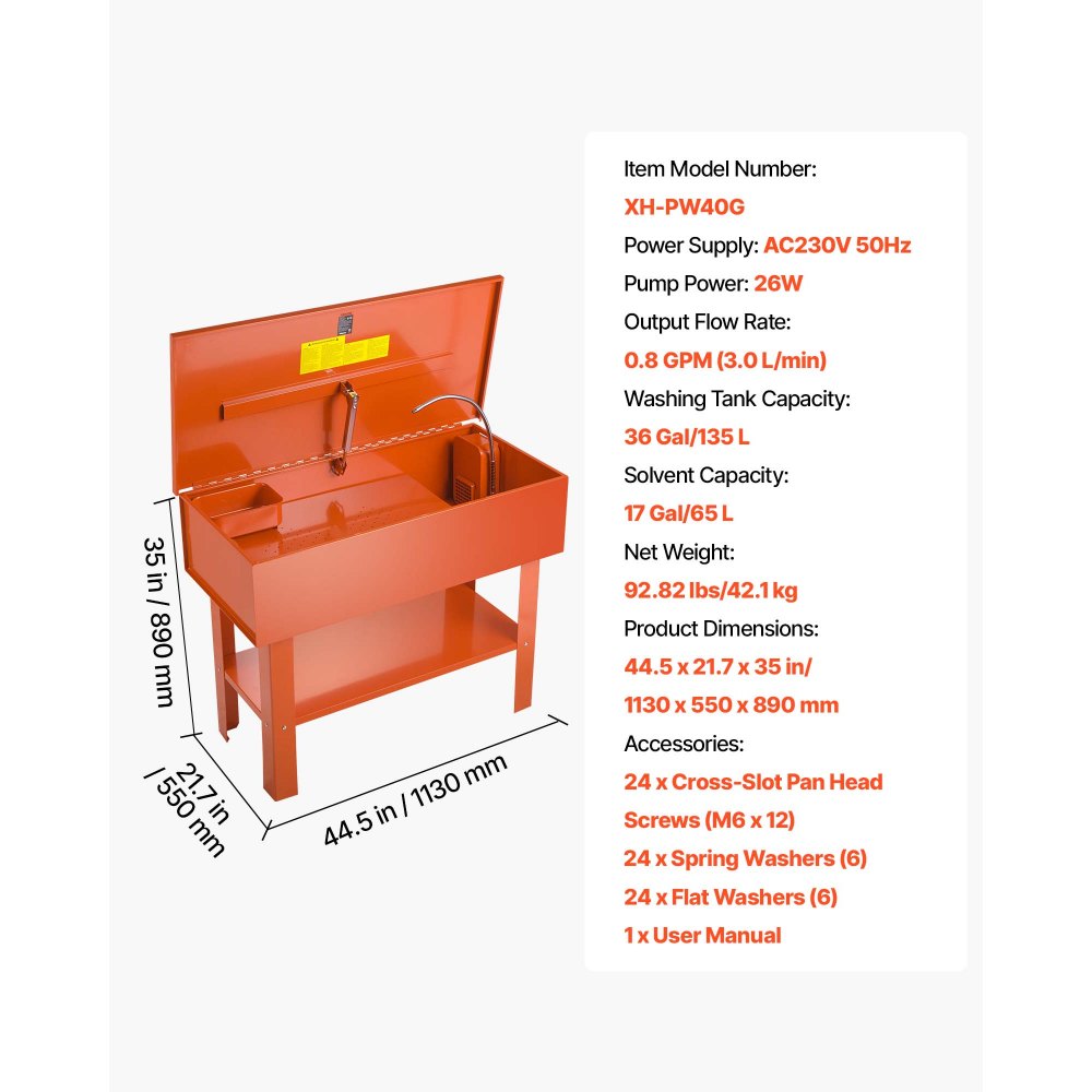 VEVOR Lavadora de Piezas para Taller 135 L, Capacidad de Disolvente de 65 L, Caudal de Salida de 3 L/min, Mesa de Limpieza de Dispositivo con Bomba Eléctrica para Cojinetes de Ruedas, Engranajes