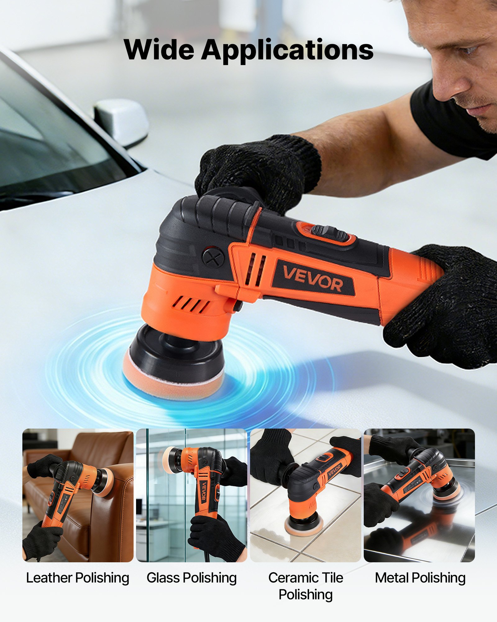 VEVOR Pulidora para Coche 600 W, 6 Velocidades 1000-4500 RPM, Kit 3 en 1 con Platos 30/50/76 mm, Almohadillas de Esponjas, Lana, Microfibra y Extensiones para Pulido Abrillantado Encerado Detallado