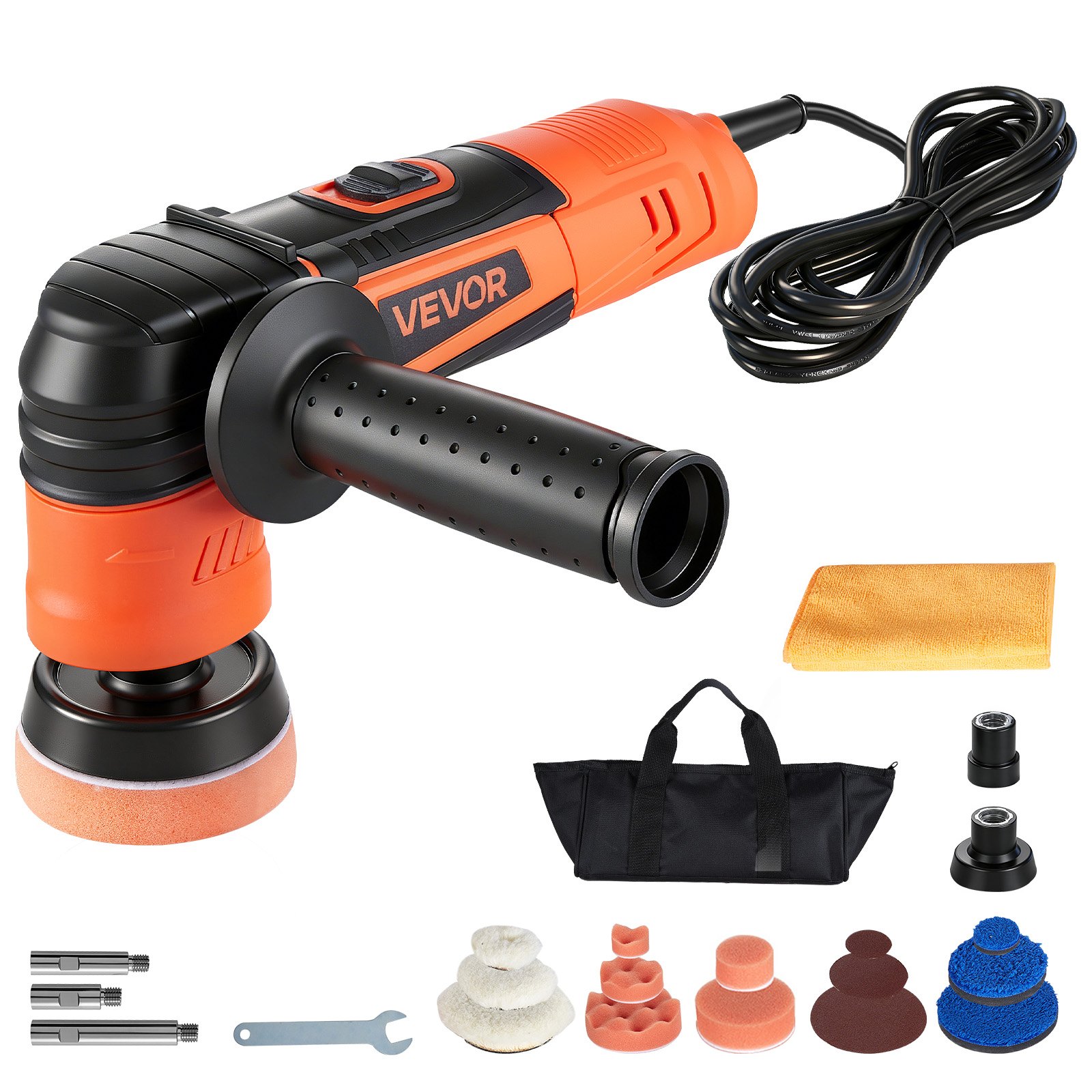 VEVOR Pulidora para Coche 600 W, 6 Velocidades 1000-4500 RPM, Kit 3 en 1 con Platos 30/50/76 mm, Almohadillas de Esponjas, Lana, Microfibra y Extensiones para Pulido Abrillantado Encerado Detallado