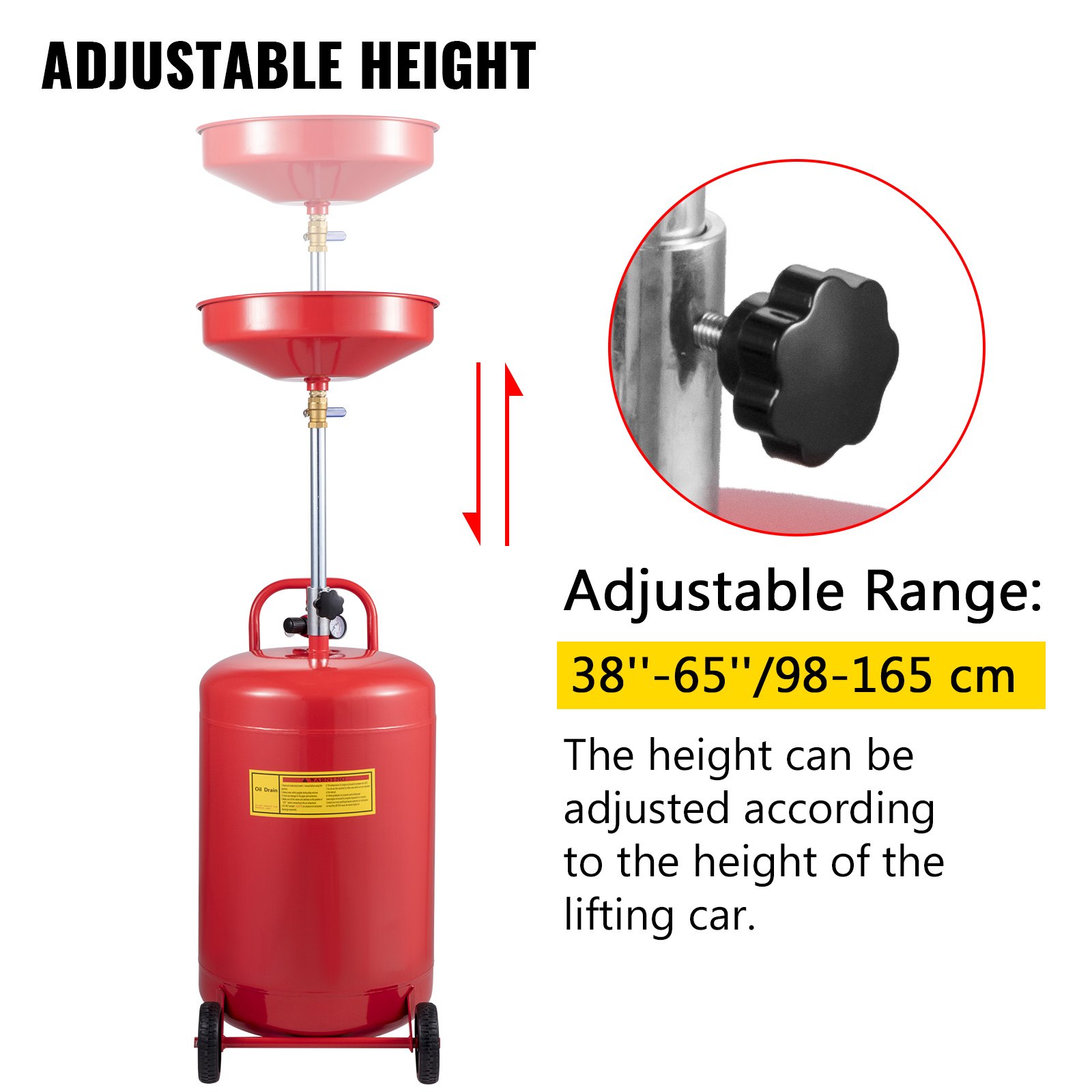 VEVOR Tanque de drenaje de aceite usado de 80 L contenedor portátil de drenaje de aceite drenaje de transferencia de combustible fluido altura de embudo ajustable con válvula reguladora de presión
