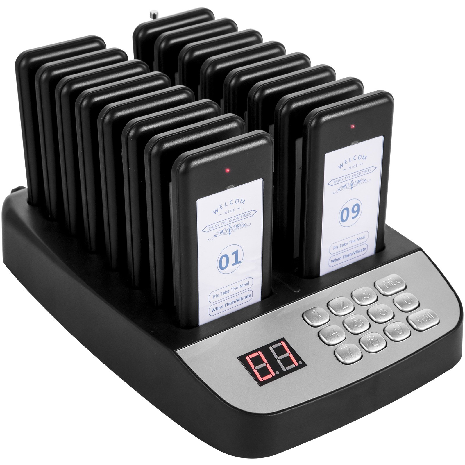 VEVOR Sistema de Llamadas de Restaurante con Pantalla LCD 16 Buscapersonas Localizadores para Restaurante 98 Canales Sistema de Llamadas Inalámbrico para Restaurantes, Camiones de Comida, Iglesias