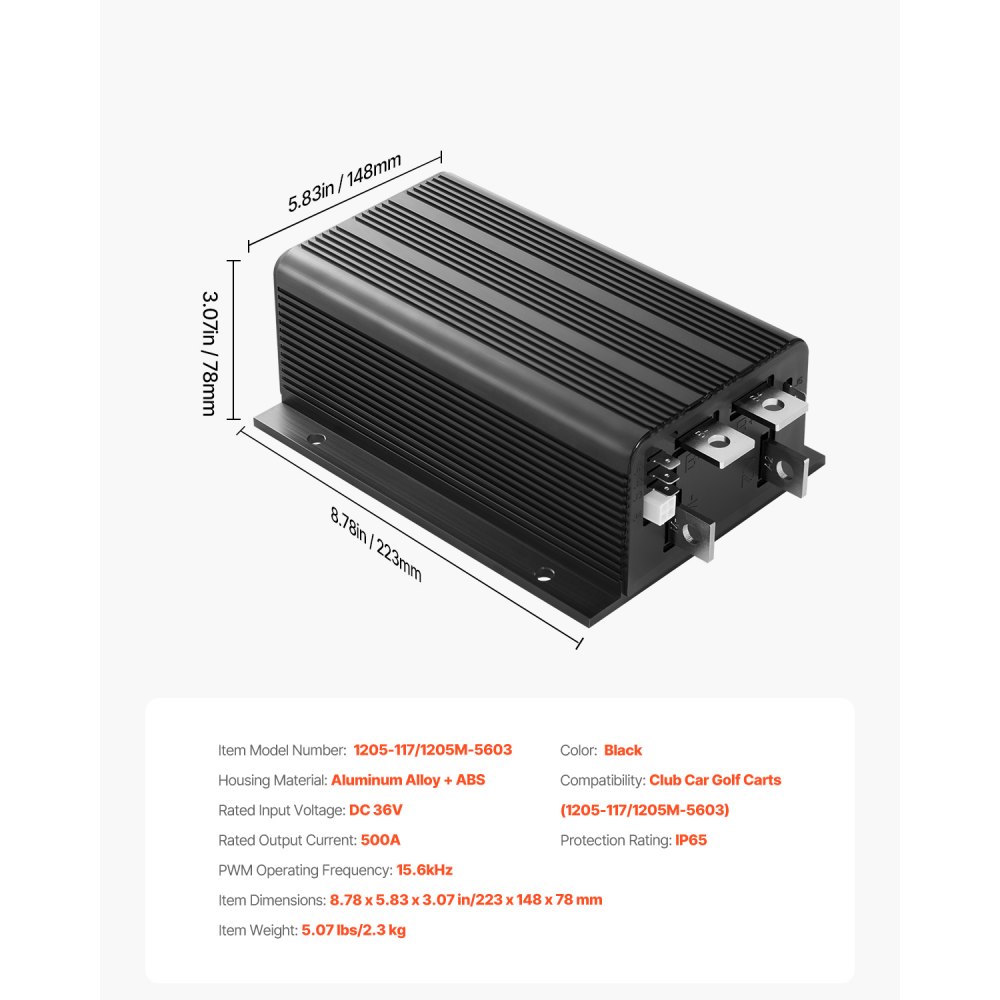 VEVOR speed controller for golf carts, 36V 500A, replacement for DC motor control for Club Car golf carts, IP65 protection rating, aluminum ABS housing, compatible with models 1205-117/1205M-5603
