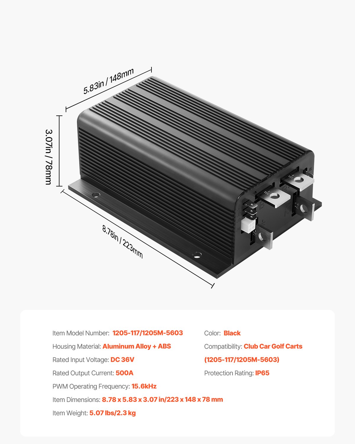 VEVOR speed controller for golf carts, 36V 500A, replacement for DC motor control for Club Car golf carts, IP65 protection rating, aluminum ABS housing, compatible with models 1205-117/1205M-5603
