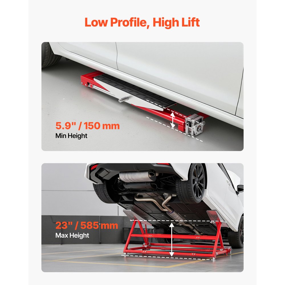 VEVOR Elevador de Vehículos Portátil Carga de 2000 kg, Elevación Rápida de Acero con Altura Máxima de 585 mm, Elevación Manual para Automóviles Ancho y Ruedas Ajustables, para Garajes, Talleres
