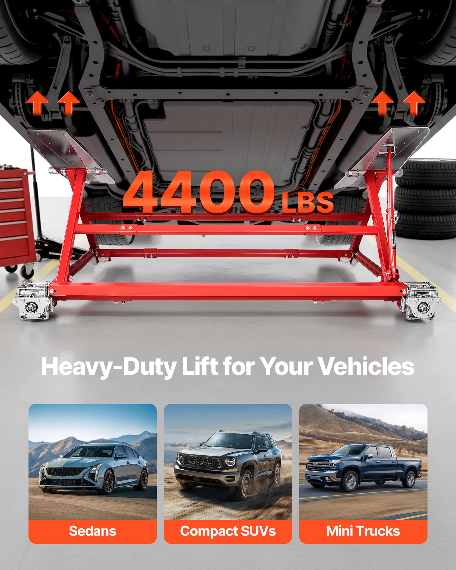 VEVOR Elevador de Vehículos Portátil Carga de 2000 kg, Elevación Rápida de Acero con Altura Máxima de 585 mm, Elevación Manual para Automóviles Ancho y Ruedas Ajustables, para Garajes, Talleres