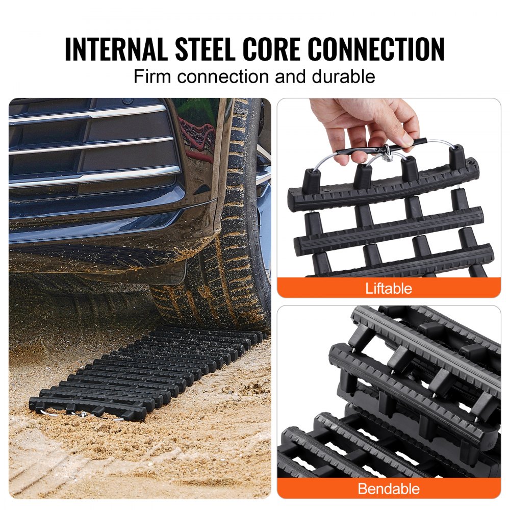 VEVOR 7 TONS Traction Boards with TPR Material, Recovery Boards for Off-Road Vehicles/Cars/Pickups/SUVs/Motorhomes, Pair of Tire Traction Mats for Snow, Sand, Mud and Loose Ground, Storage Bags, Short, Black