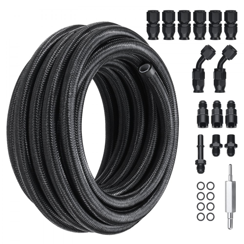 VEVOR 6-AN Fuel Line Kit, 300" Fuel Hose Kit, 5/16" Nylon Stainless Steel Braided Fuel Line Oil/Gas/Diesel Hose End Fitting Kit, 15-Piece Swivel Adapter Set