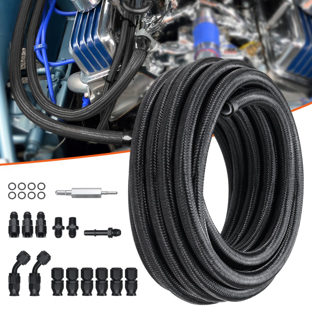 VEVOR Kit Manguera Combustible 6AN Manguera Combustible 12 mm Longitud 7,62 m Trenzada en PTFE y Acero Inoxidable Tubería Combustible Diesel con 15 Adaptadores Racores Giratorios para Motor Coches