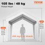 Marquesina para cochera VEVOR, 105 lb, 200 pies cuadrados de sombra, dimensiones etiquetadas para altura y largo lateral.