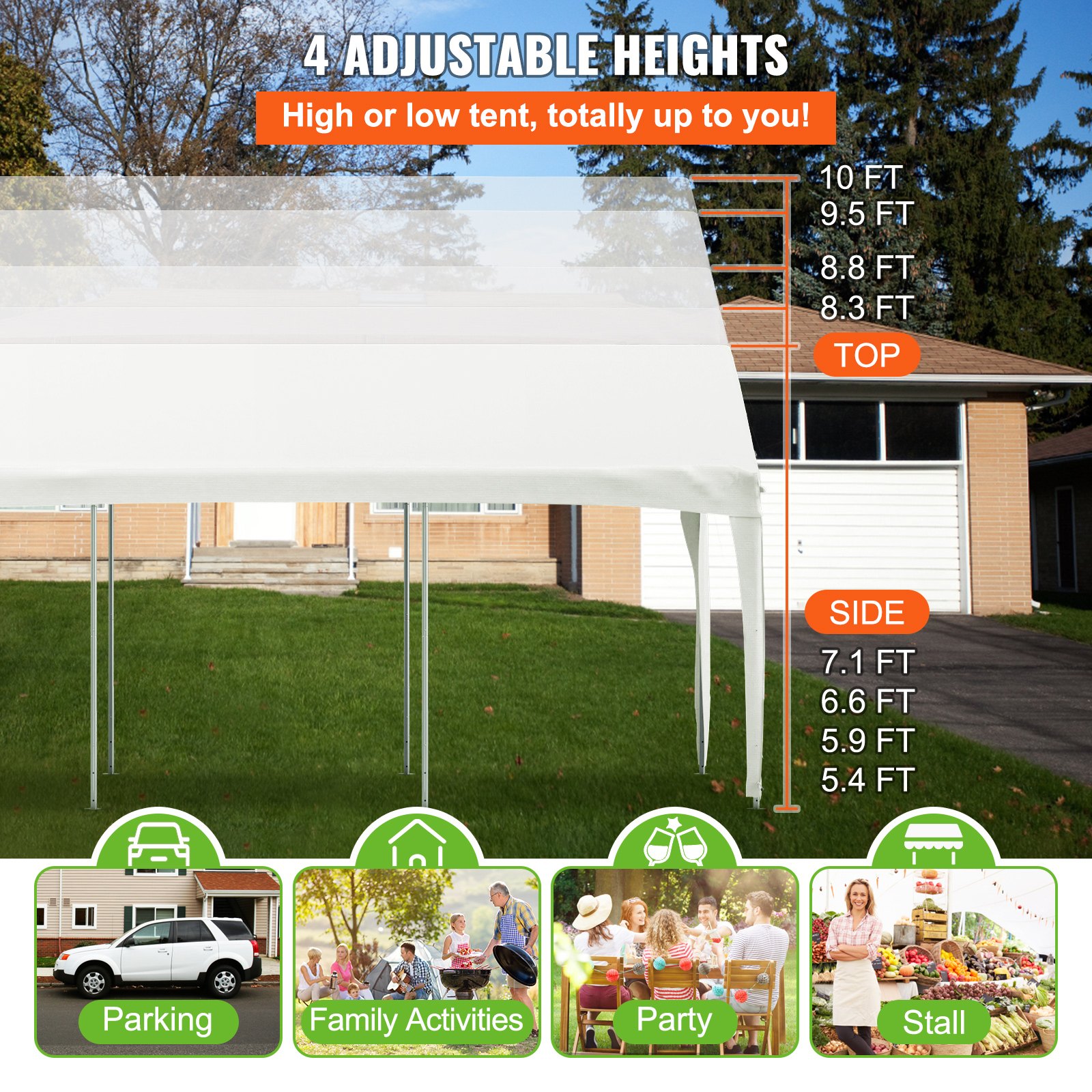 Marquesina para cochera VEVOR con alturas ajustables, ideal para estacionamiento, actividades familiares, fiestas y puestos.